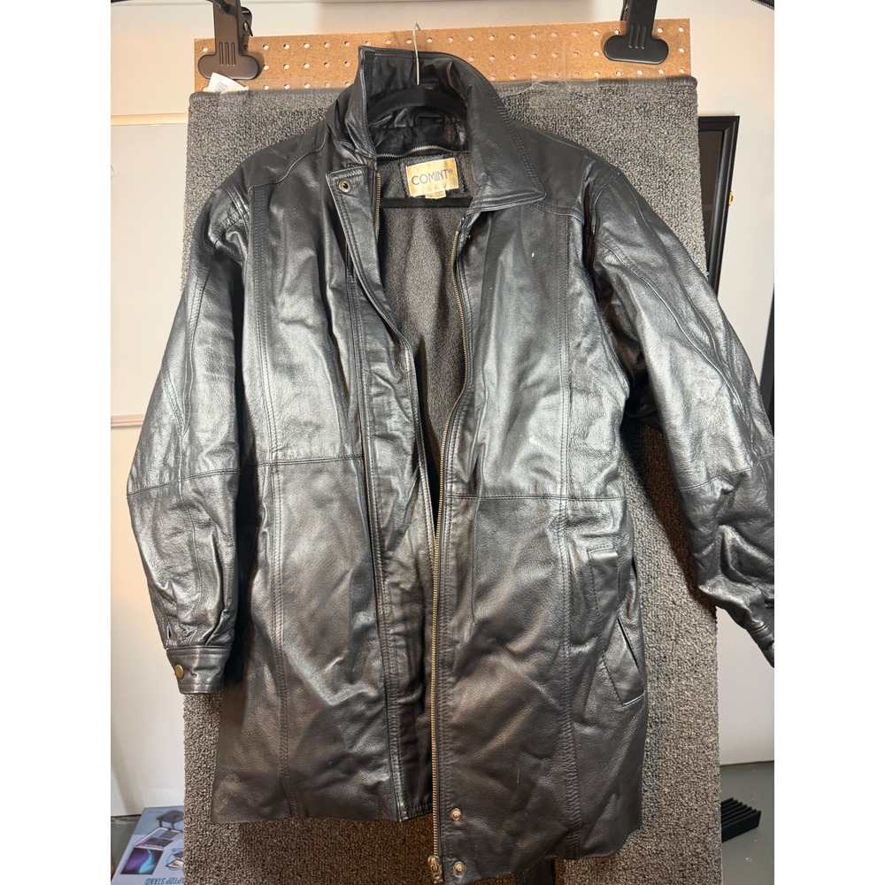 Comint Leather Trench Coat Mens S Black Fleece Lined Belted Zip Front Jacket